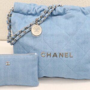 Chanel 22 Small Canvas Chain Shoulder Bag with Pouch - Blue/Silver C274A237